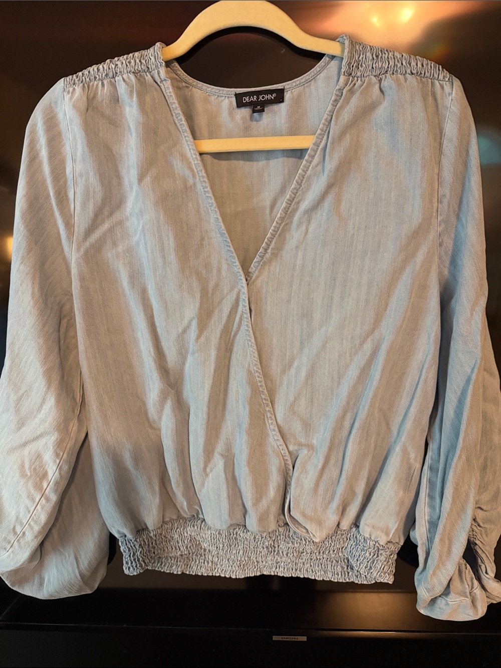 Dear John Pale Blue Smocked-Waist Wrap Blouse